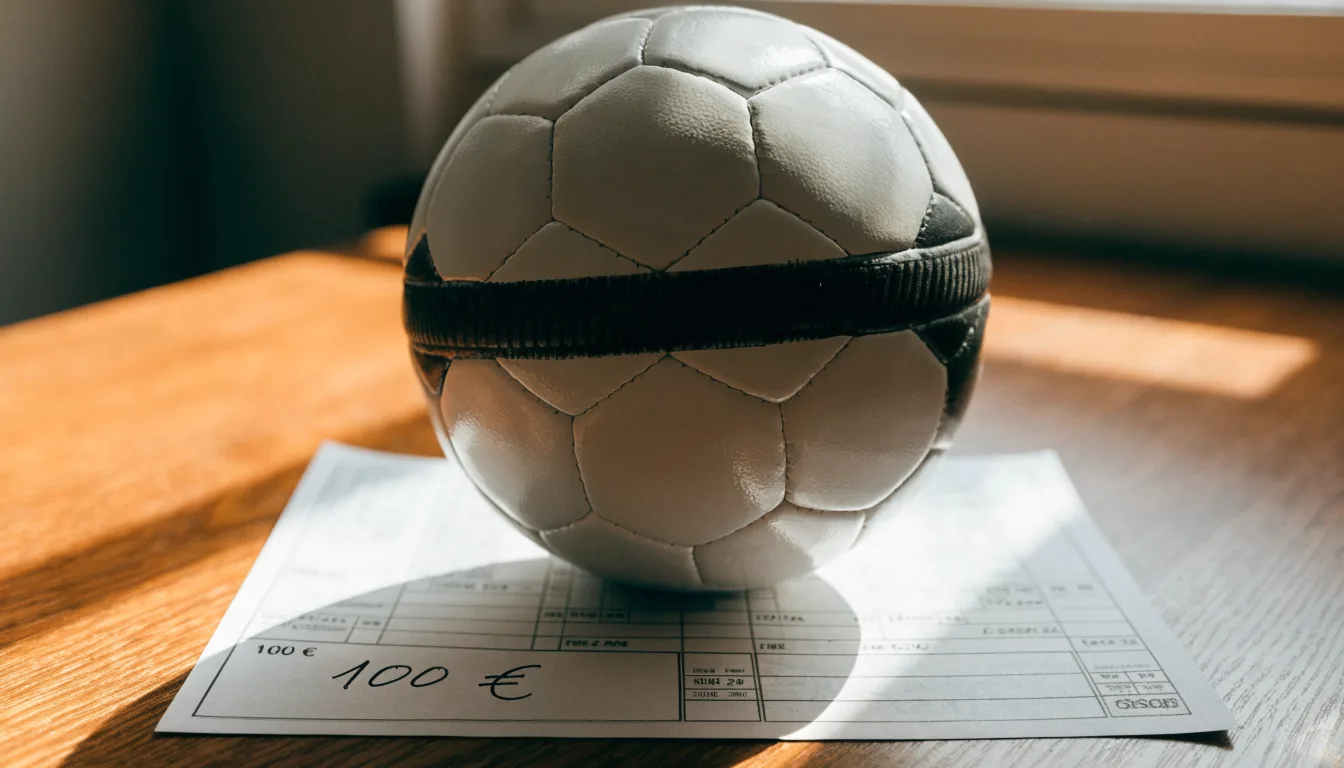 Uma bola de futebol pousada sobre um talão de apostas em branco numa mesa de madeira, à luz do dia