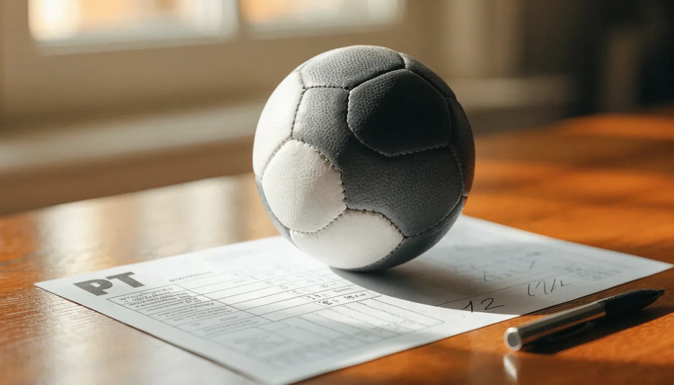 Uma bola de futebol pousada sobre um talão de apostas em branco numa mesa de madeira, à luz do dia