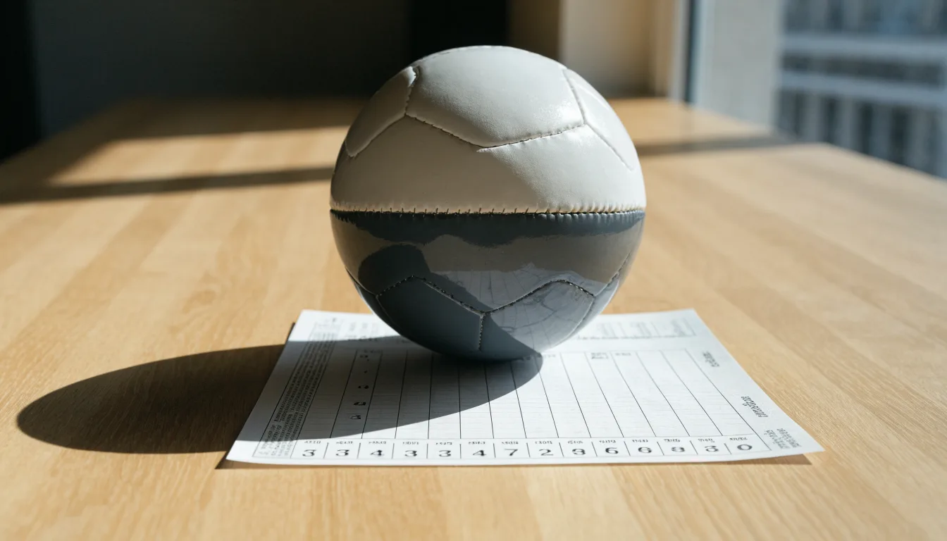 Uma bola de futebol pousada sobre um talão de apostas em branco numa mesa de madeira, à luz do dia