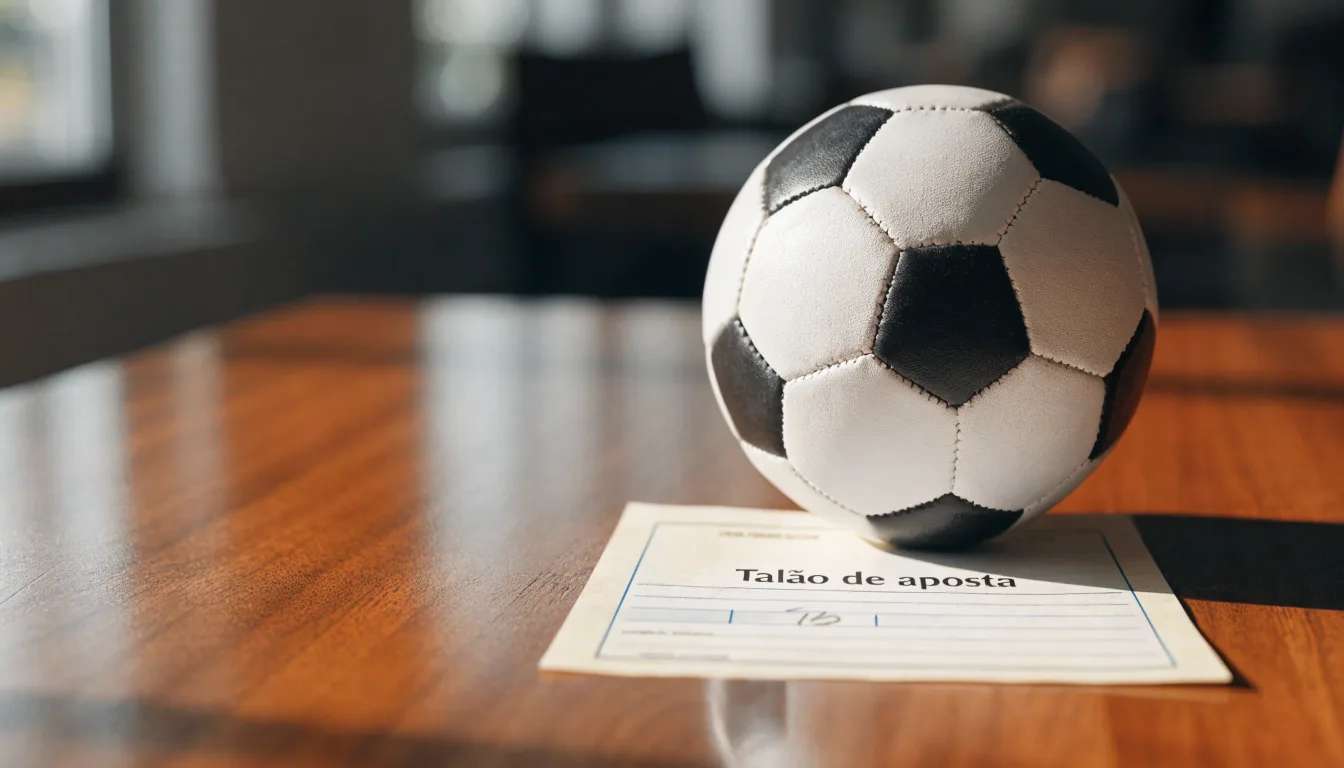 Uma bola de futebol pousada sobre um talão de apostas em branco numa mesa de madeira, à luz do dia