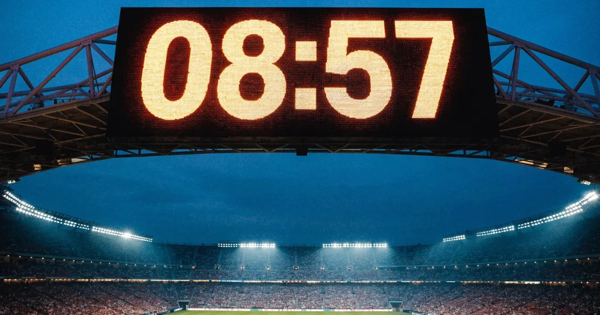 Um marcador eletrónico de um estádio com o resultado a meio da segunda parte, visto das bancadas
