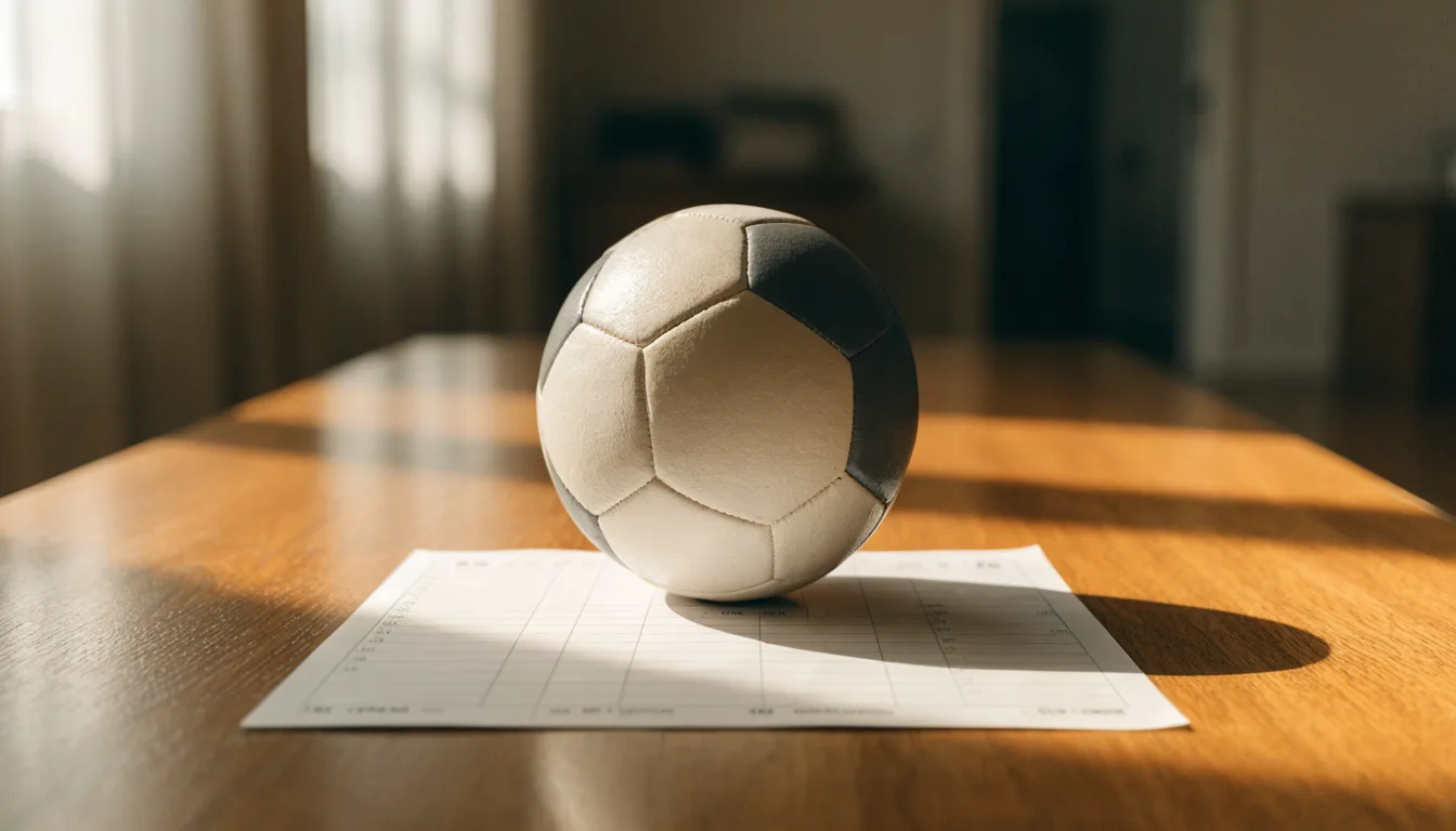 Uma bola de futebol pousada sobre um talão de apostas em branco numa mesa de madeira, à luz do dia