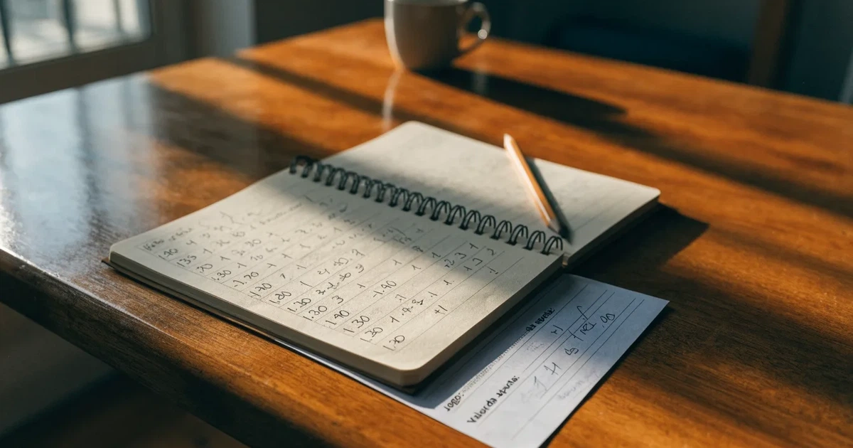 Um caderno aberto com cotas escritas à mão, uma calculadora e um lápis sobre uma mesa de madeira