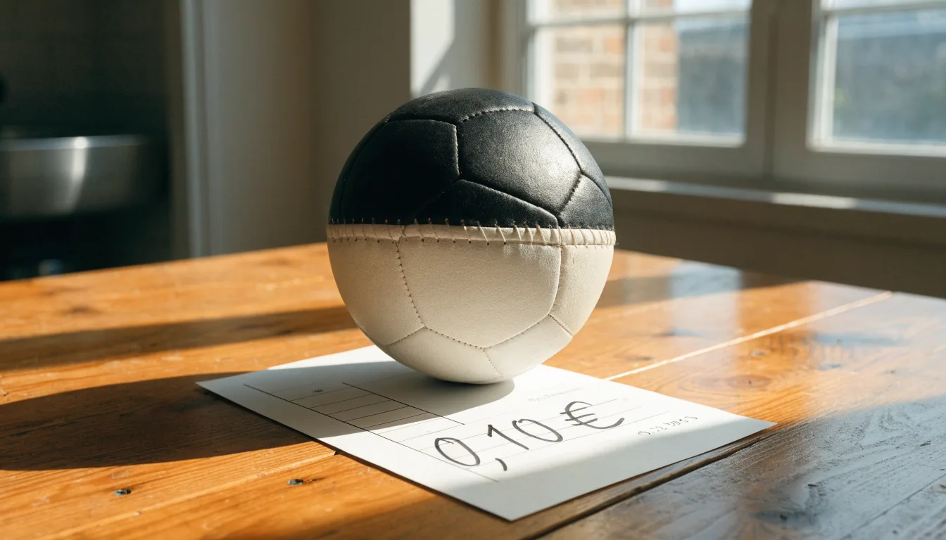 Uma bola de futebol pousada sobre um talão de apostas em branco numa mesa de madeira, à luz do dia