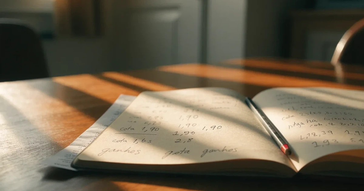 Um caderno aberto com cotas escritas à mão, uma calculadora e um lápis sobre uma mesa de madeira