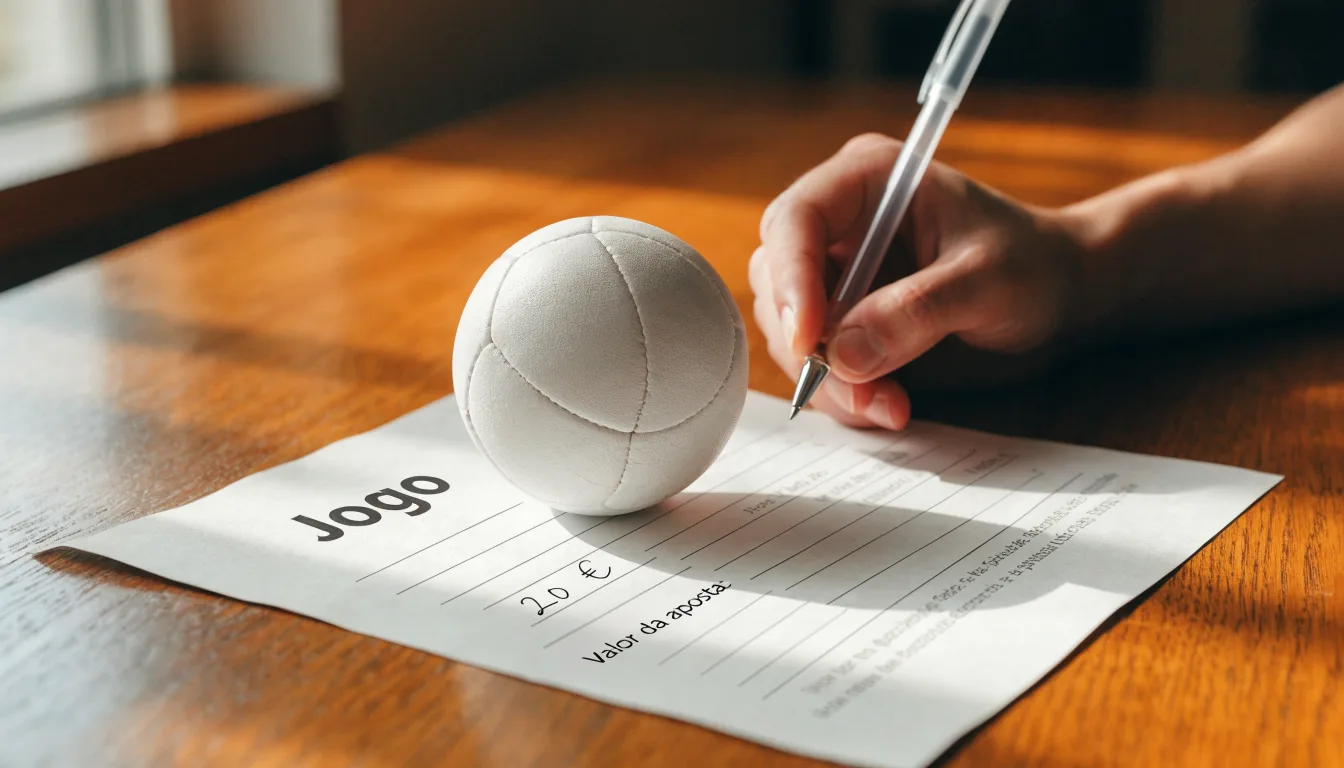 Uma bola de futebol pousada sobre um talão de apostas em branco numa mesa de madeira, à luz do dia