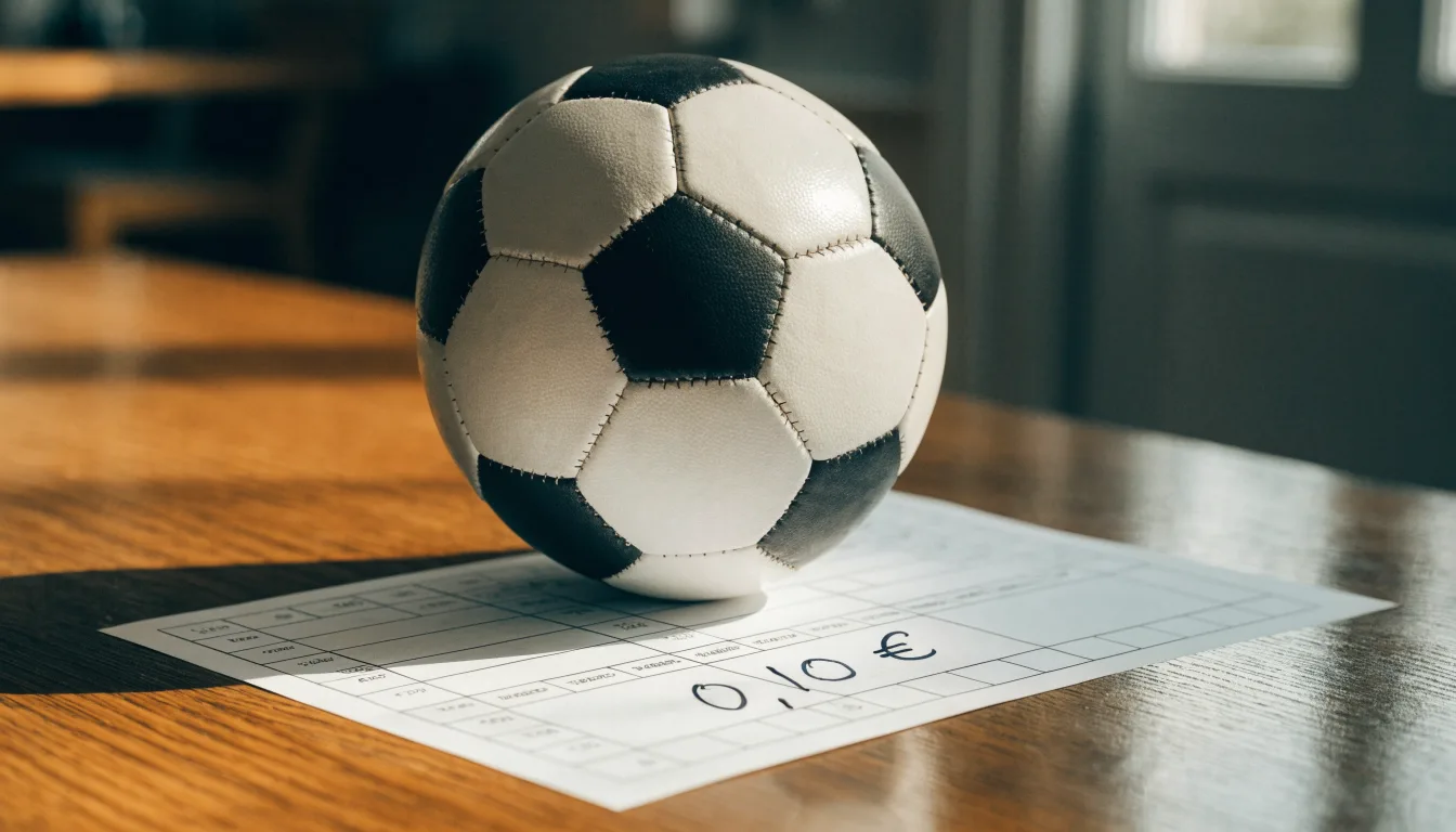 Uma bola de futebol pousada sobre um talão de apostas em branco numa mesa de madeira, à luz do dia