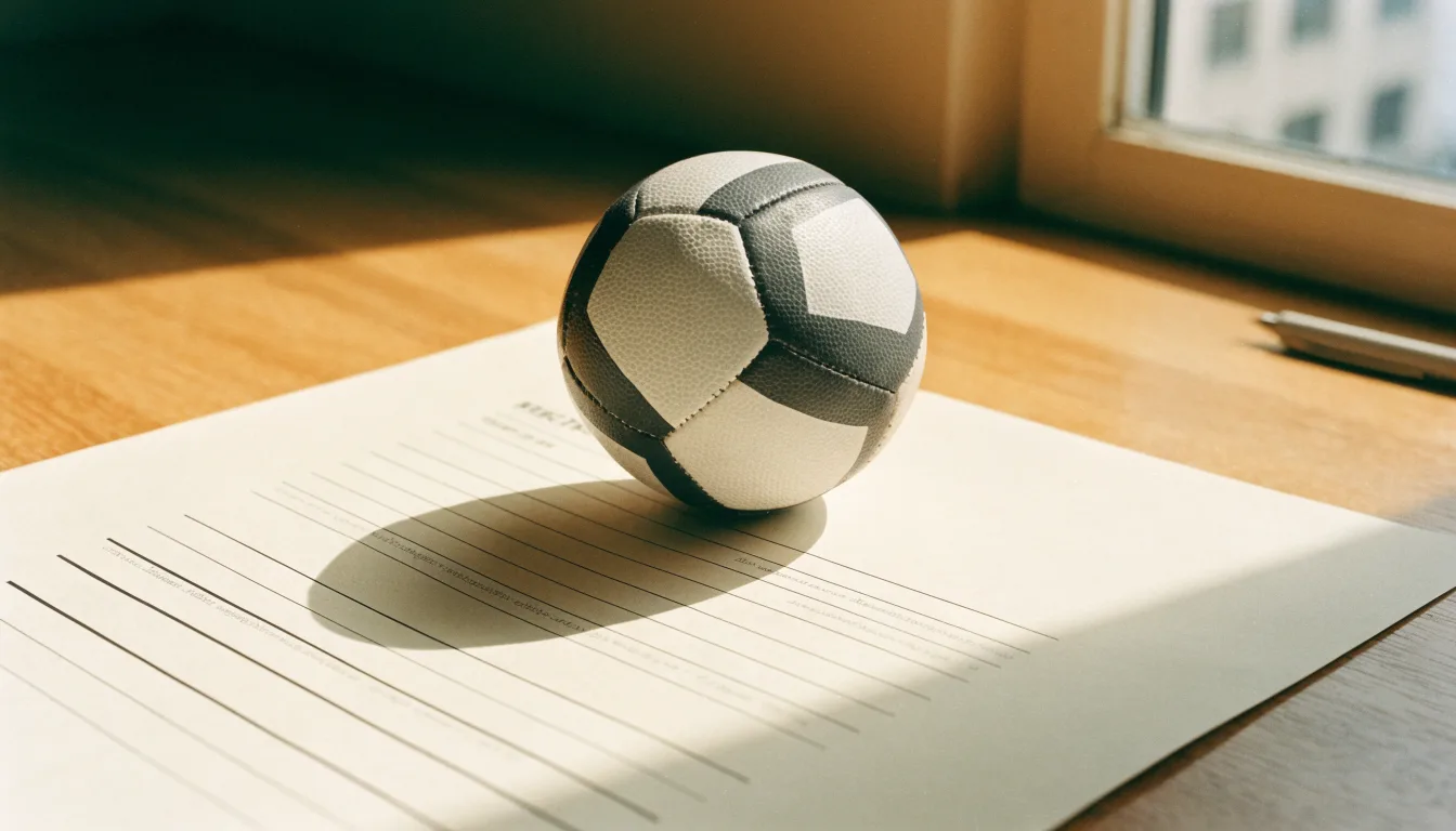 Uma bola de futebol pousada sobre um talão de apostas em branco numa mesa de madeira, à luz do dia