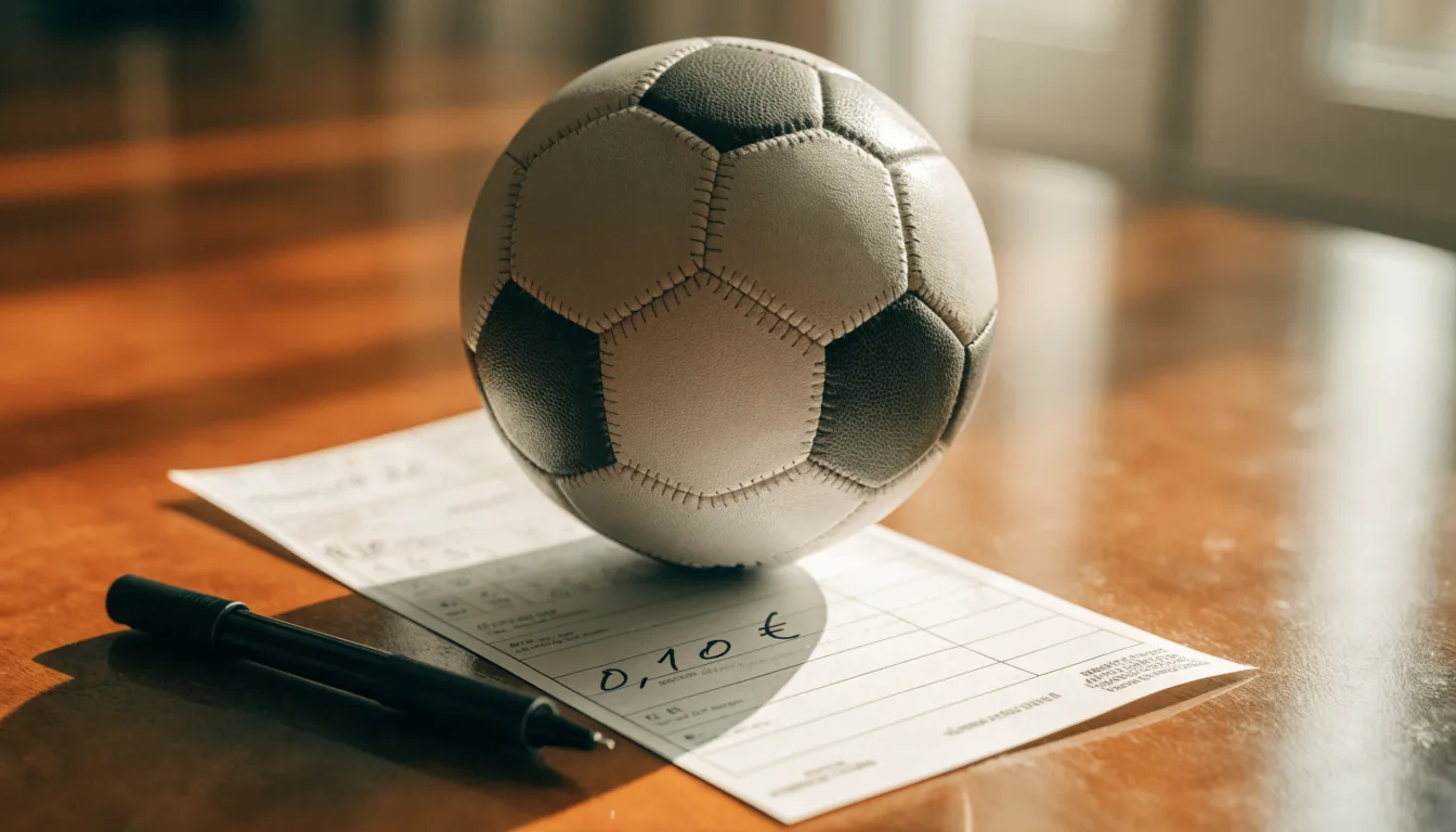 Uma bola de futebol pousada sobre um talão de apostas em branco numa mesa de madeira, à luz do dia
