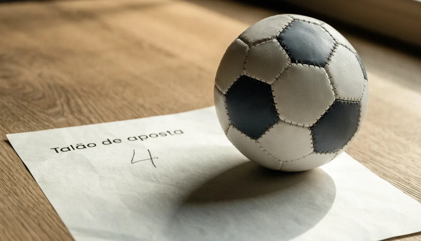 Uma bola de futebol pousada sobre um talão de apostas em branco numa mesa de madeira, à luz do dia