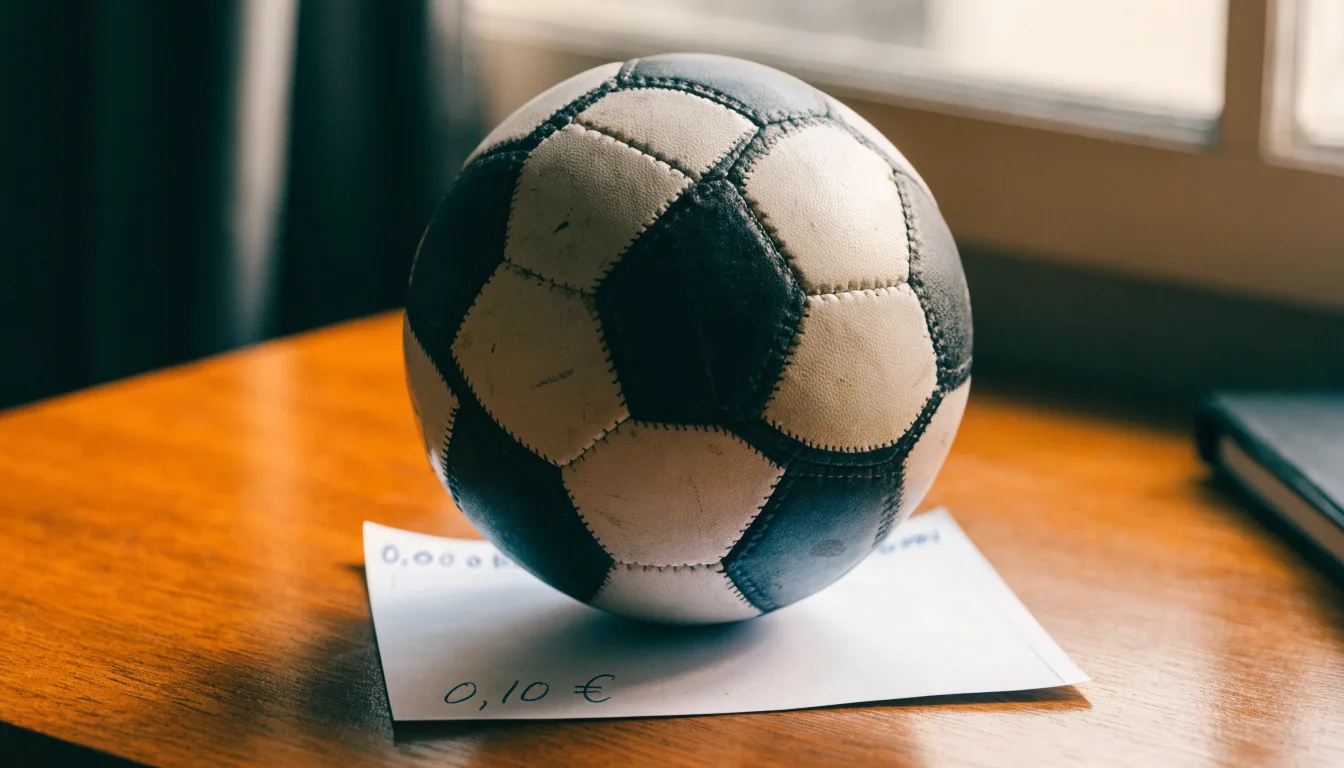 Uma bola de futebol pousada sobre um talão de apostas em branco numa mesa de madeira, à luz do dia