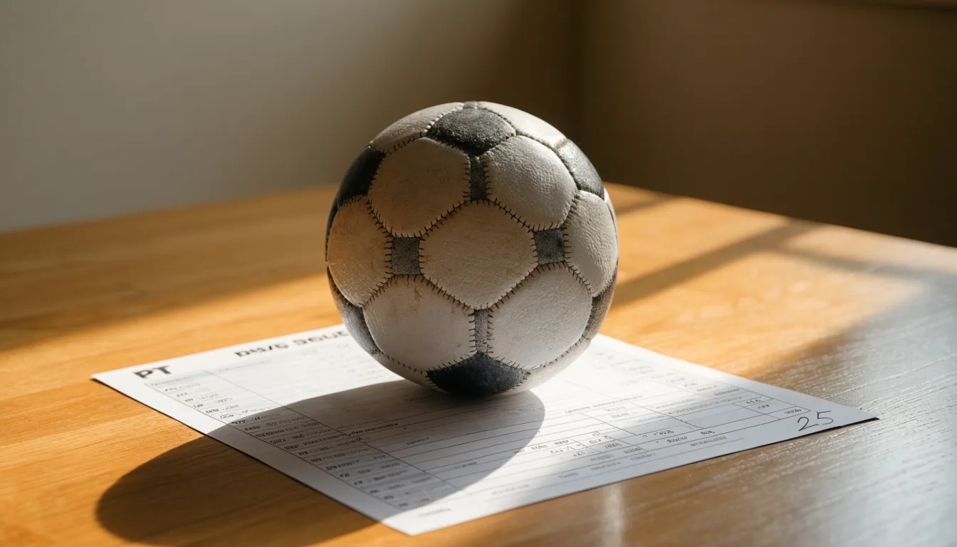 Uma bola de futebol pousada sobre um talão de apostas em branco numa mesa de madeira, à luz do dia