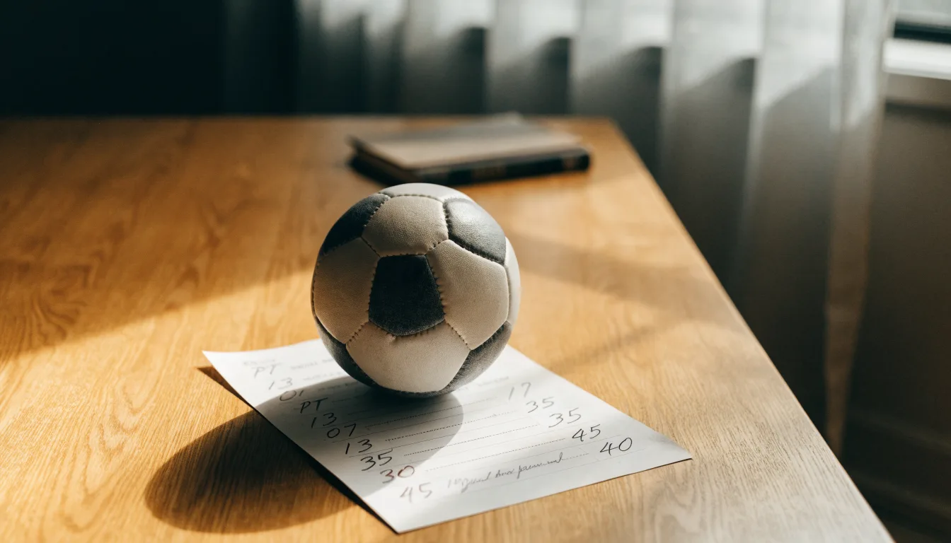 Uma bola de futebol pousada sobre um talão de apostas em branco numa mesa de madeira, à luz do dia