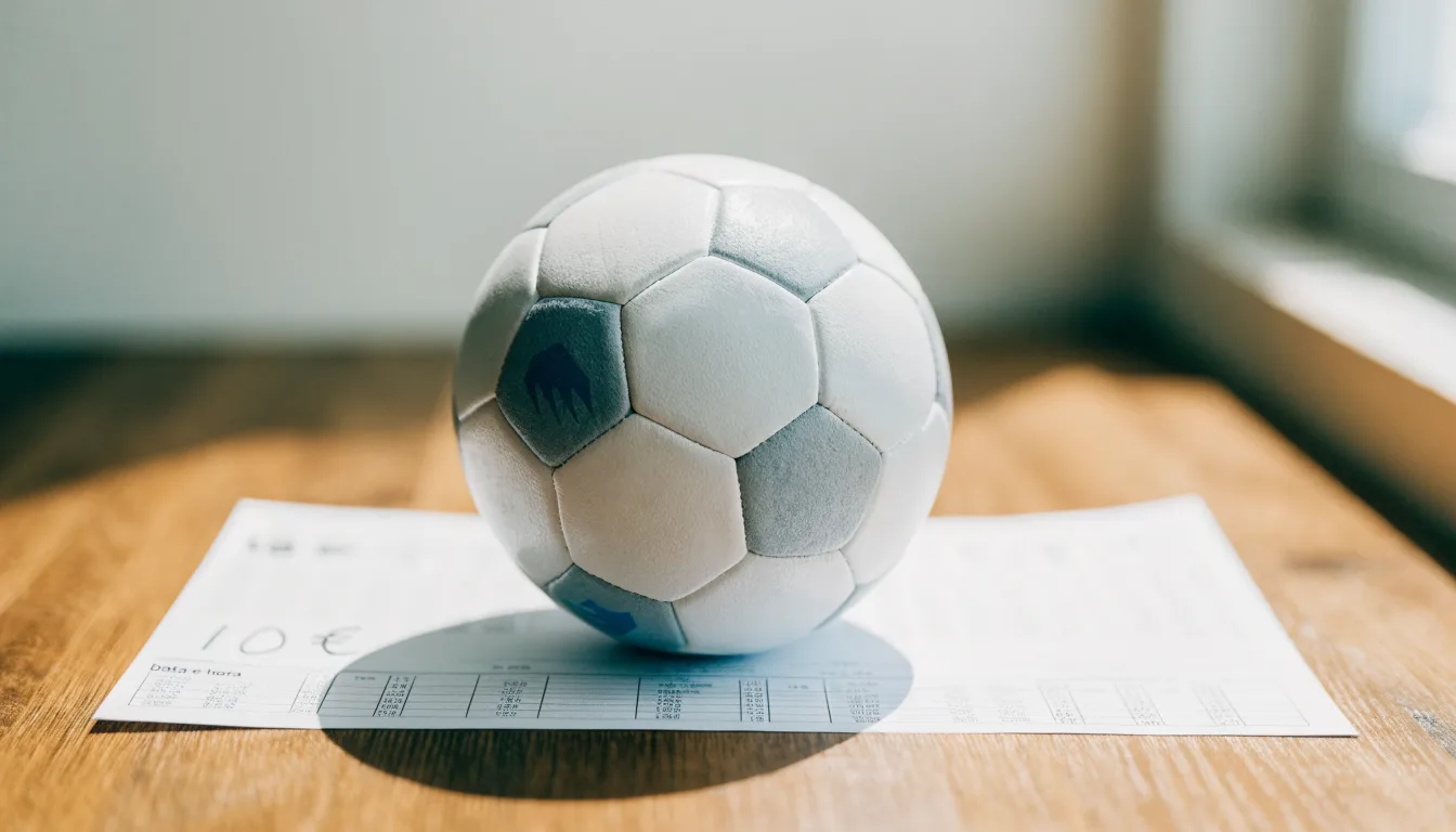 Uma bola de futebol pousada sobre um talão de apostas em branco numa mesa de madeira, à luz do dia