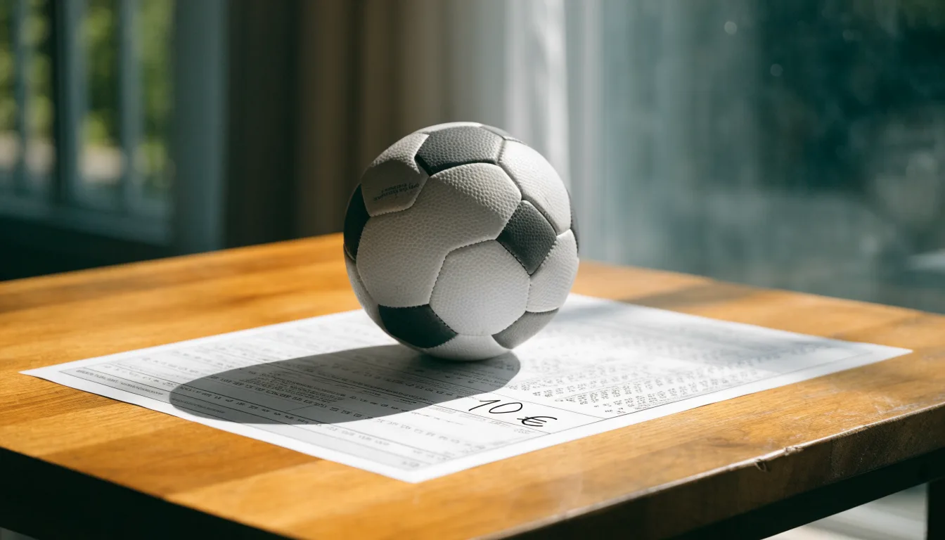 Uma bola de futebol pousada sobre um talão de apostas em branco numa mesa de madeira, à luz do dia
