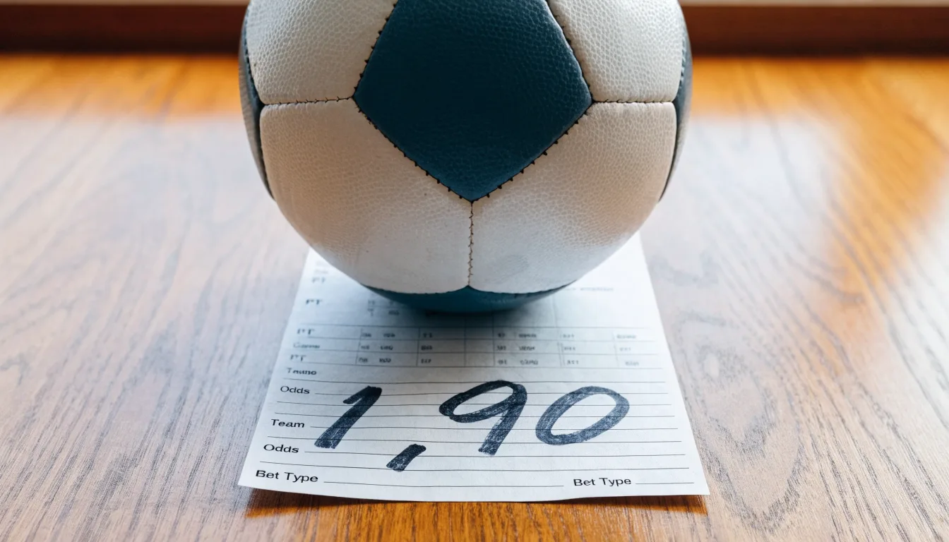 Uma bola de futebol pousada sobre um talão de apostas em branco numa mesa de madeira, à luz do dia