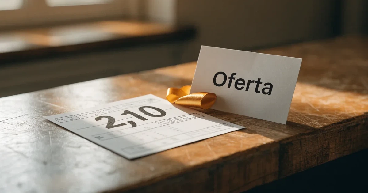 Um cartão de oferta com uma fita dourada ao lado de um talão de apostas numa bancada de madeira
