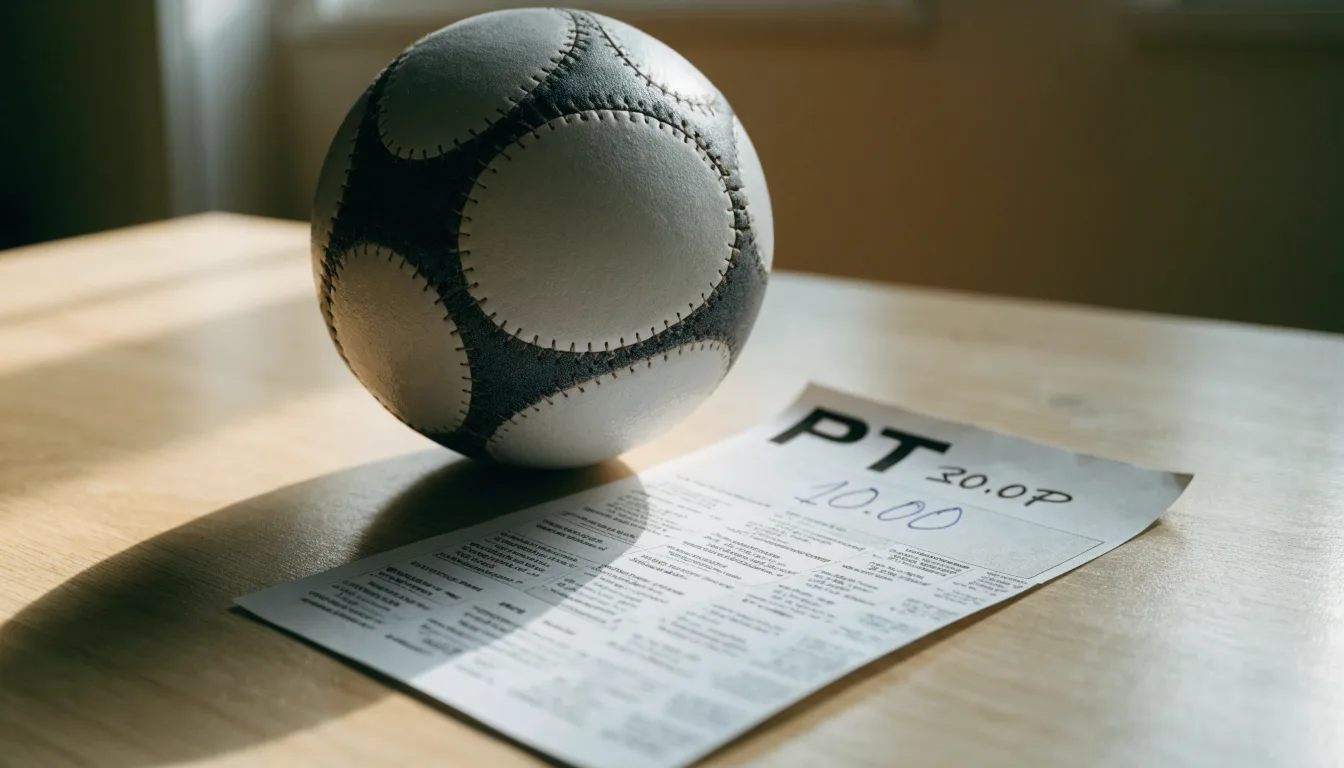 Uma bola de futebol pousada sobre um talão de apostas em branco numa mesa de madeira, à luz do dia