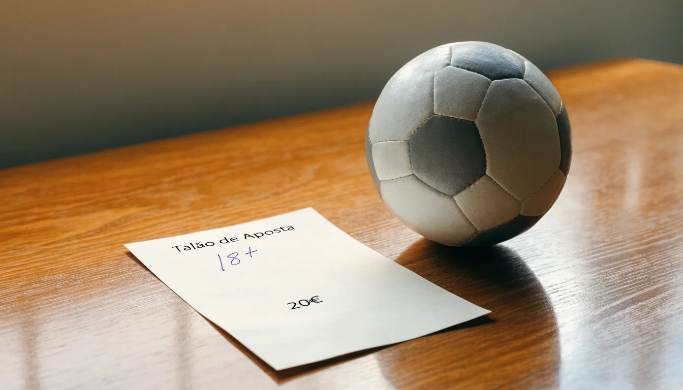 Uma bola de futebol pousada sobre um talão de apostas em branco numa mesa de madeira, à luz do dia