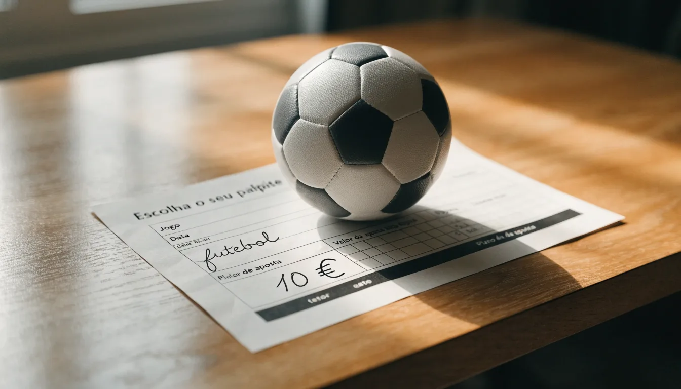 Uma bola de futebol pousada sobre um talão de apostas em branco numa mesa de madeira, à luz do dia