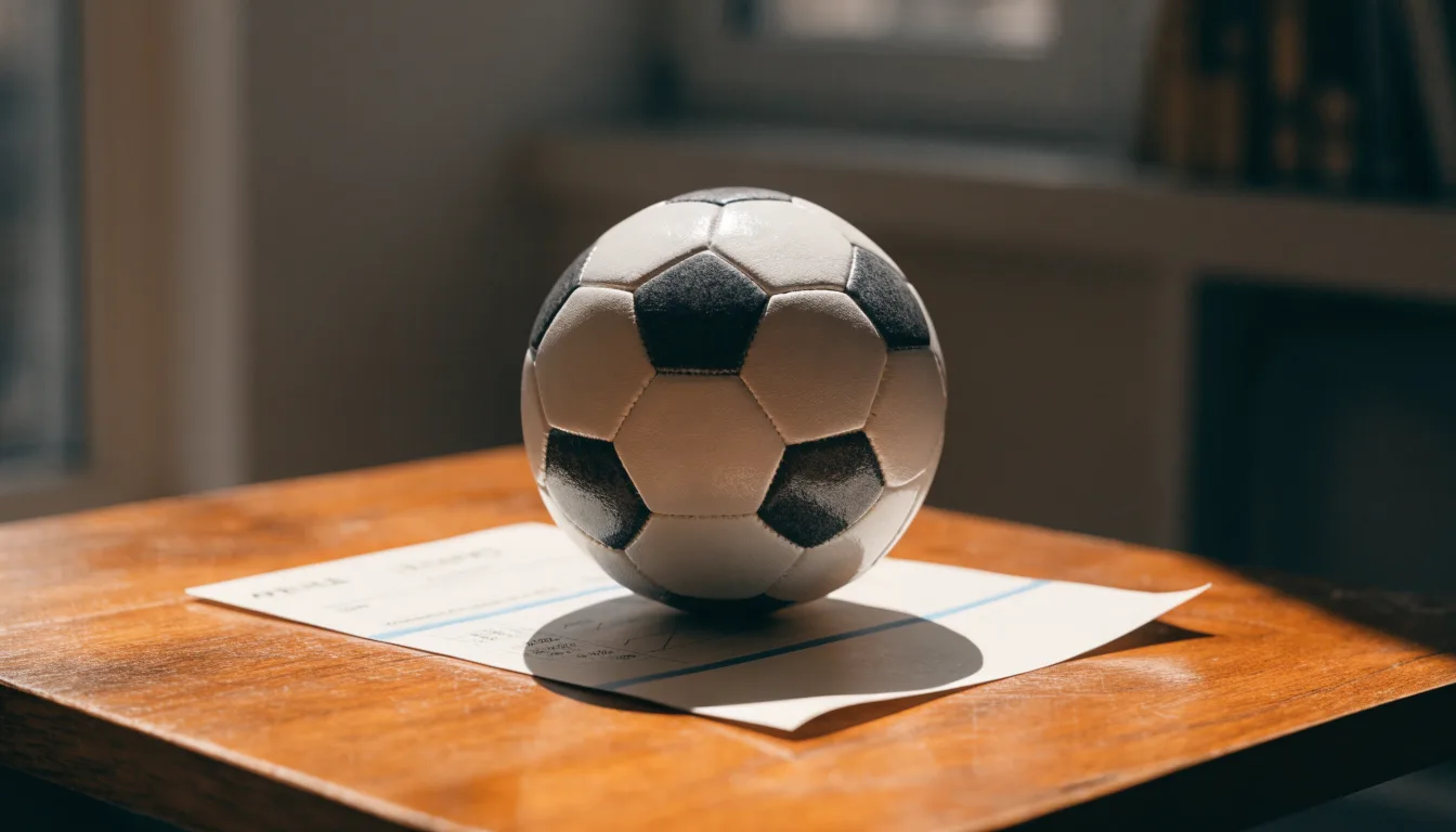 Uma bola de futebol pousada sobre um talão de apostas em branco numa mesa de madeira, à luz do dia