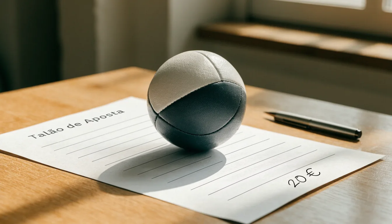Uma bola de futebol pousada sobre um talão de apostas em branco numa mesa de madeira, à luz do dia