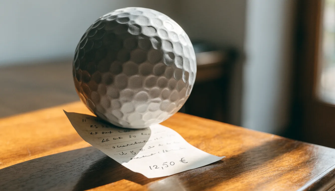 Uma bola de futebol pousada sobre um talão de apostas em branco numa mesa de madeira, à luz do dia