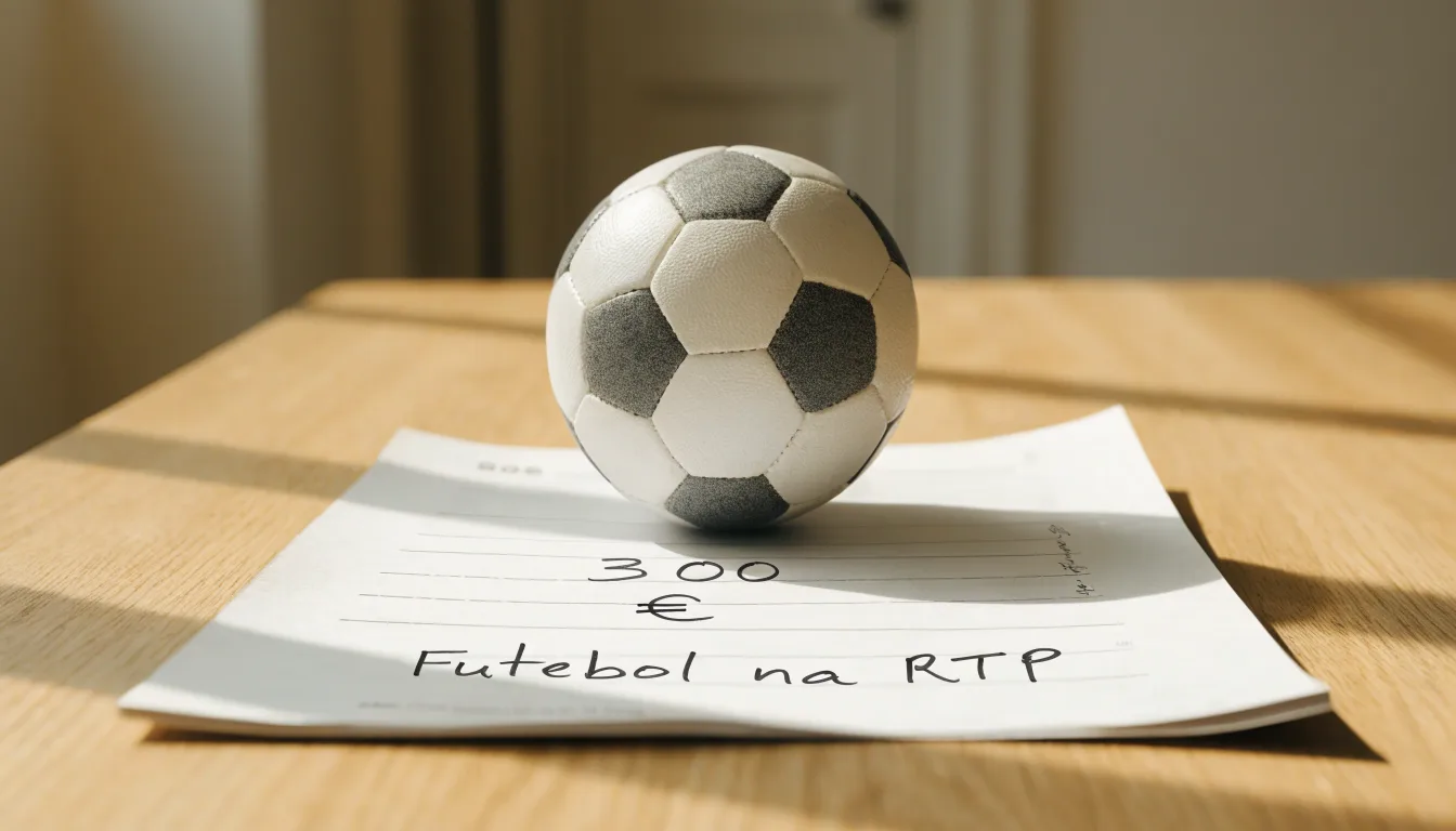 Uma bola de futebol pousada sobre um talão de apostas em branco numa mesa de madeira, à luz do dia