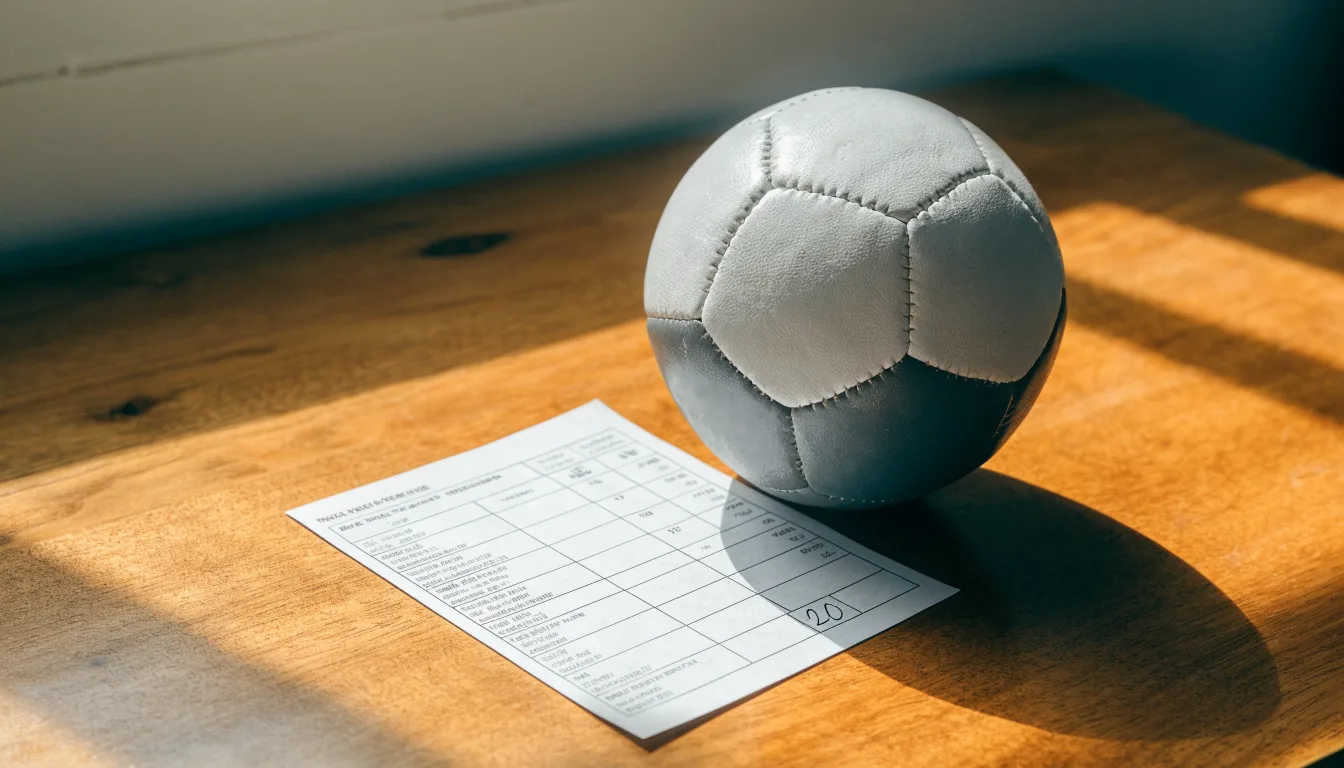 Uma bola de futebol pousada sobre um talão de apostas em branco numa mesa de madeira, à luz do dia