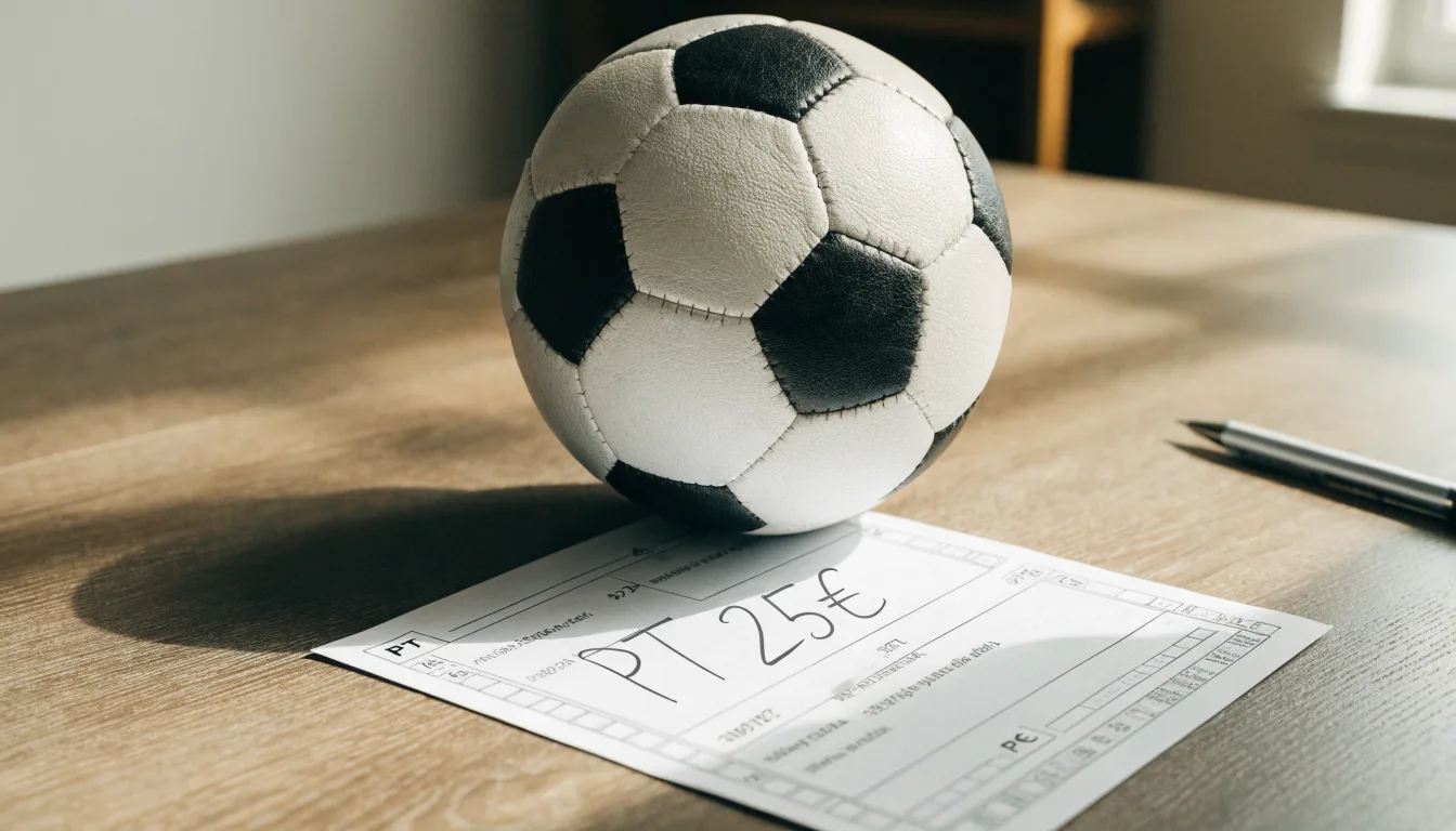 Uma bola de futebol pousada sobre um talão de apostas em branco numa mesa de madeira, à luz do dia