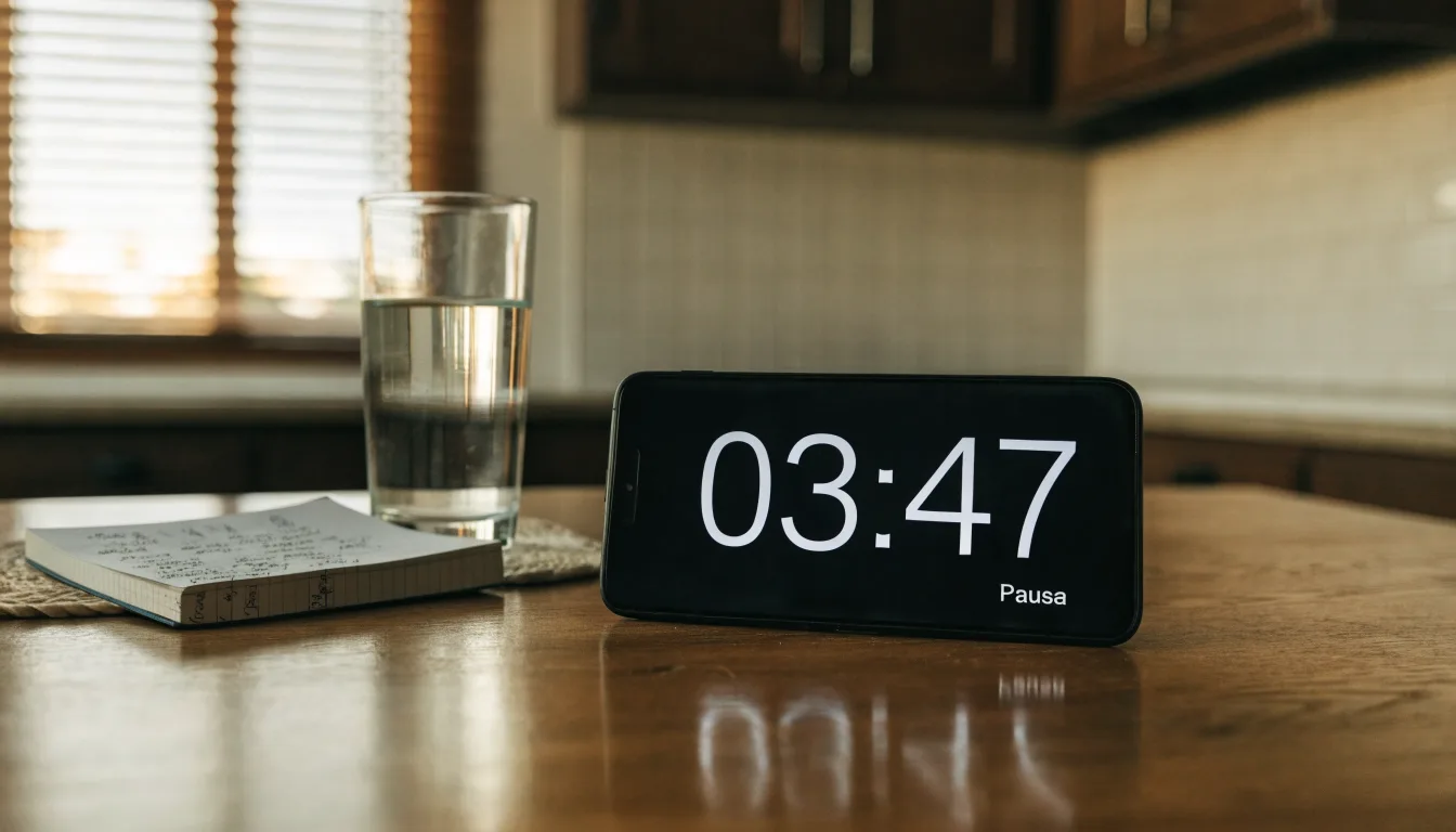 Um cartão de cidadão pousado ao lado de um telemóvel com um temporizador no ecrã, numa mesa de cozinha