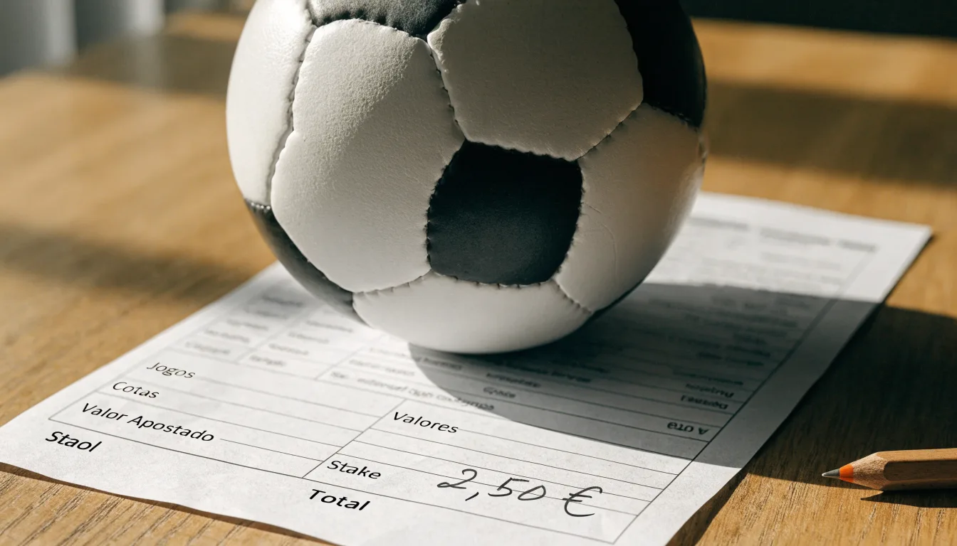 Uma bola de futebol pousada sobre um talão de apostas em branco numa mesa de madeira, à luz do dia