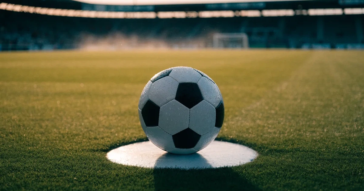 Uma bola de futebol no ponto central de um relvado, à luz da manhã