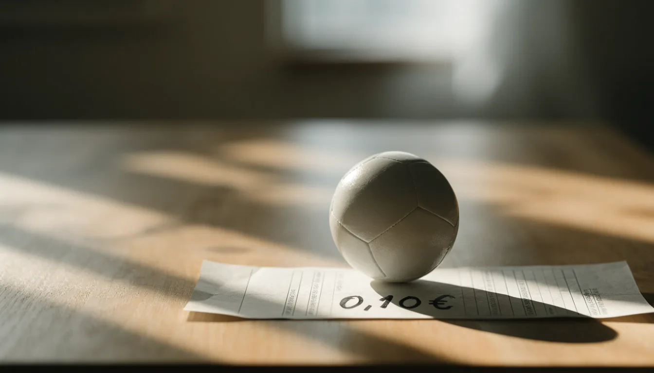 Uma bola de futebol pousada sobre um talão de apostas em branco numa mesa de madeira, à luz do dia