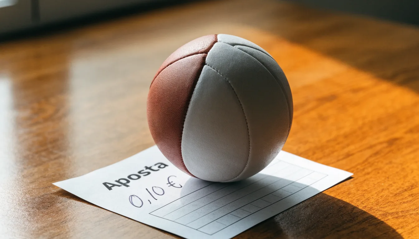 Uma bola de futebol pousada sobre um talão de apostas em branco numa mesa de madeira, à luz do dia