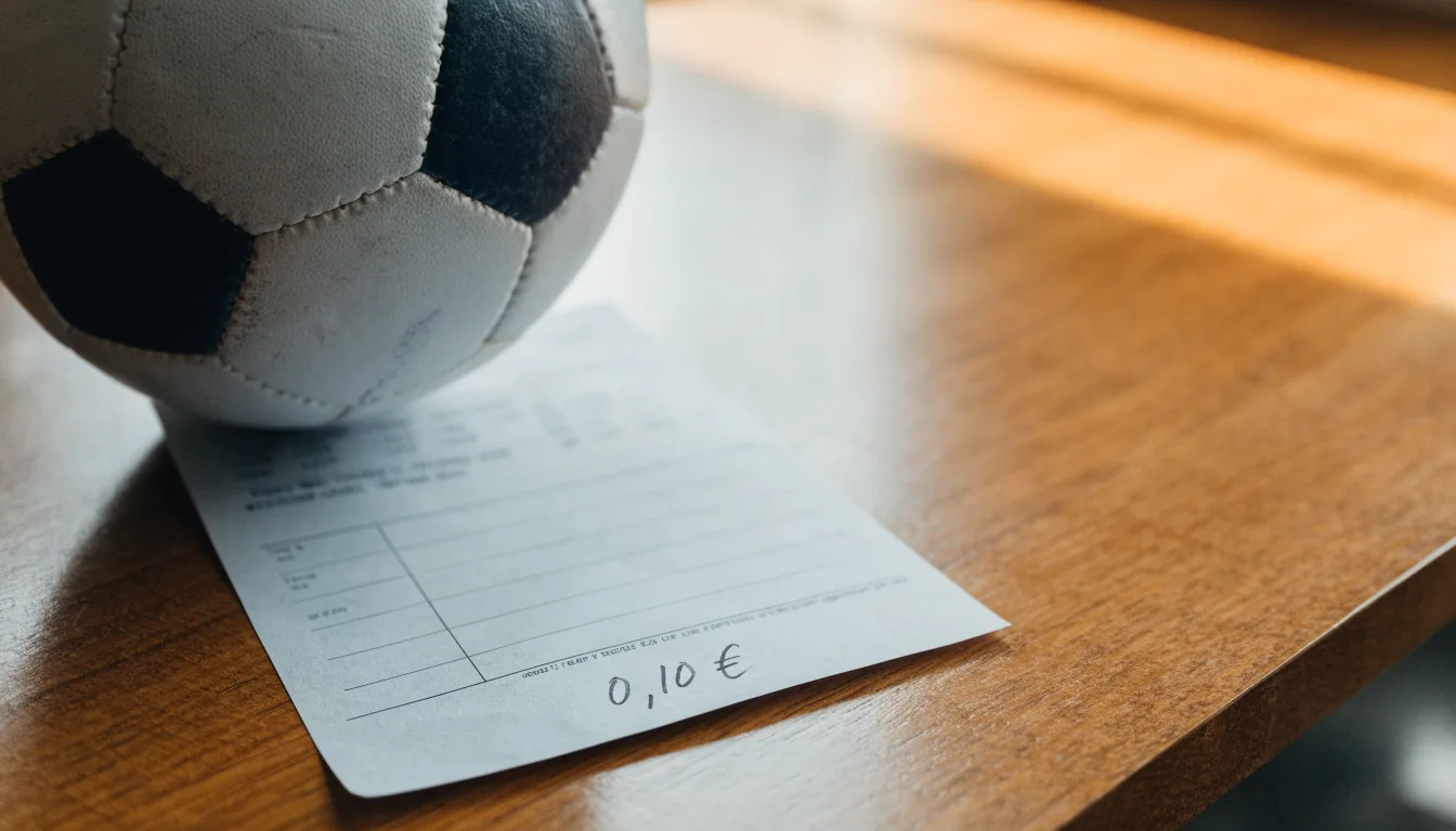 Uma bola de futebol pousada sobre um talão de apostas em branco numa mesa de madeira, à luz do dia
