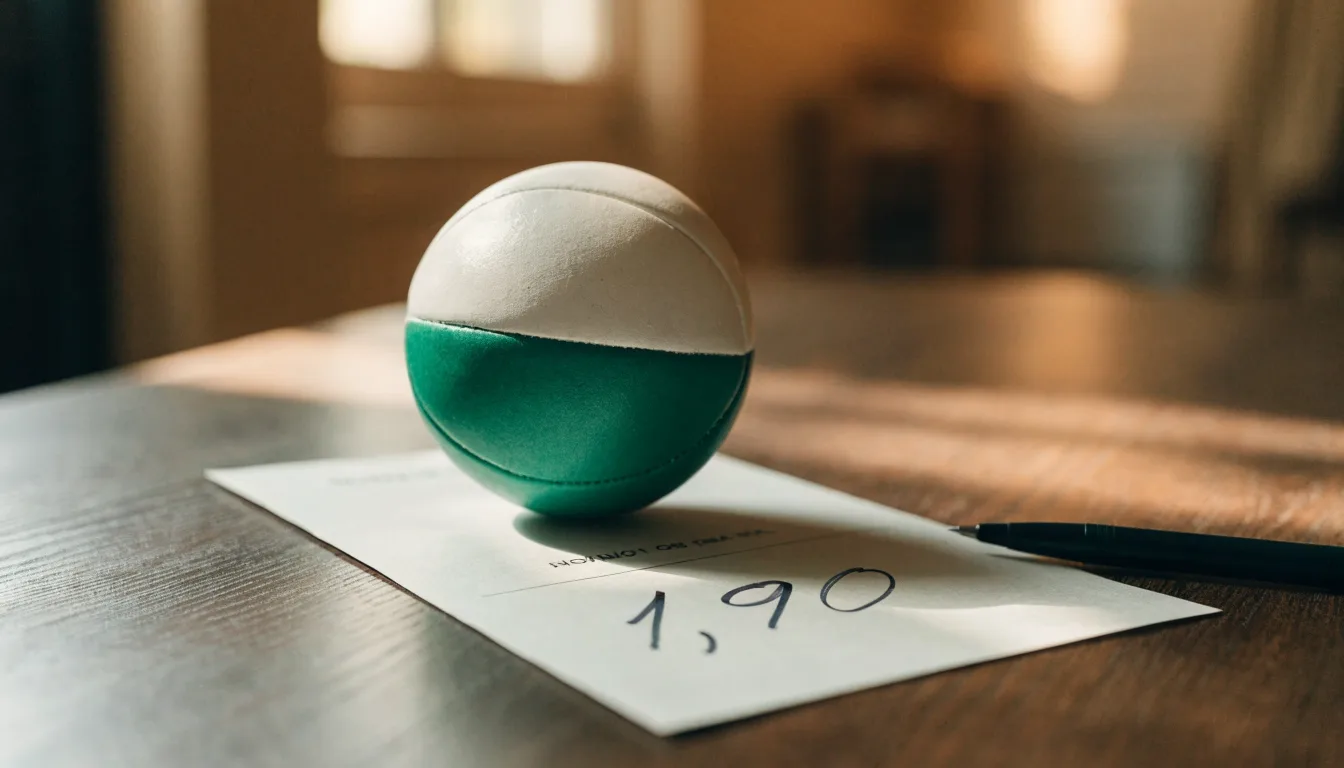 Uma bola de futebol pousada sobre um talão de apostas em branco numa mesa de madeira, à luz do dia