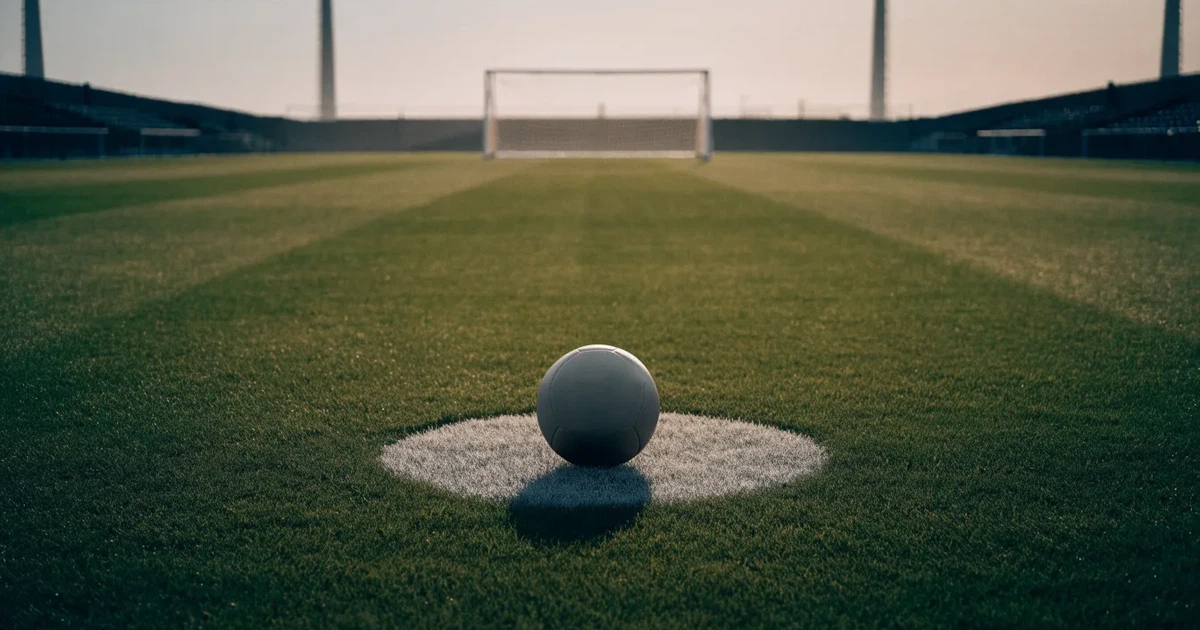 Uma bola de futebol no ponto central de um relvado, à luz da manhã
