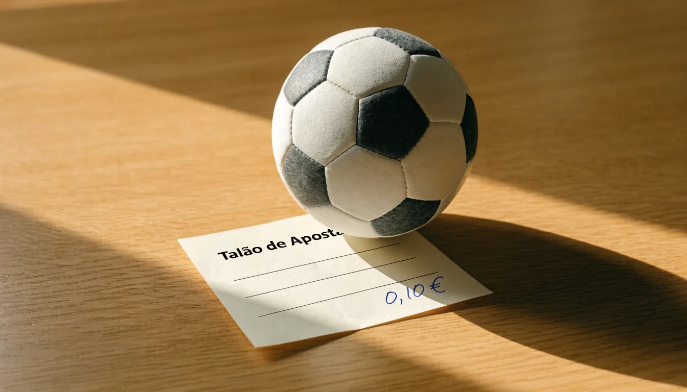 Uma bola de futebol pousada sobre um talão de apostas em branco numa mesa de madeira, à luz do dia
