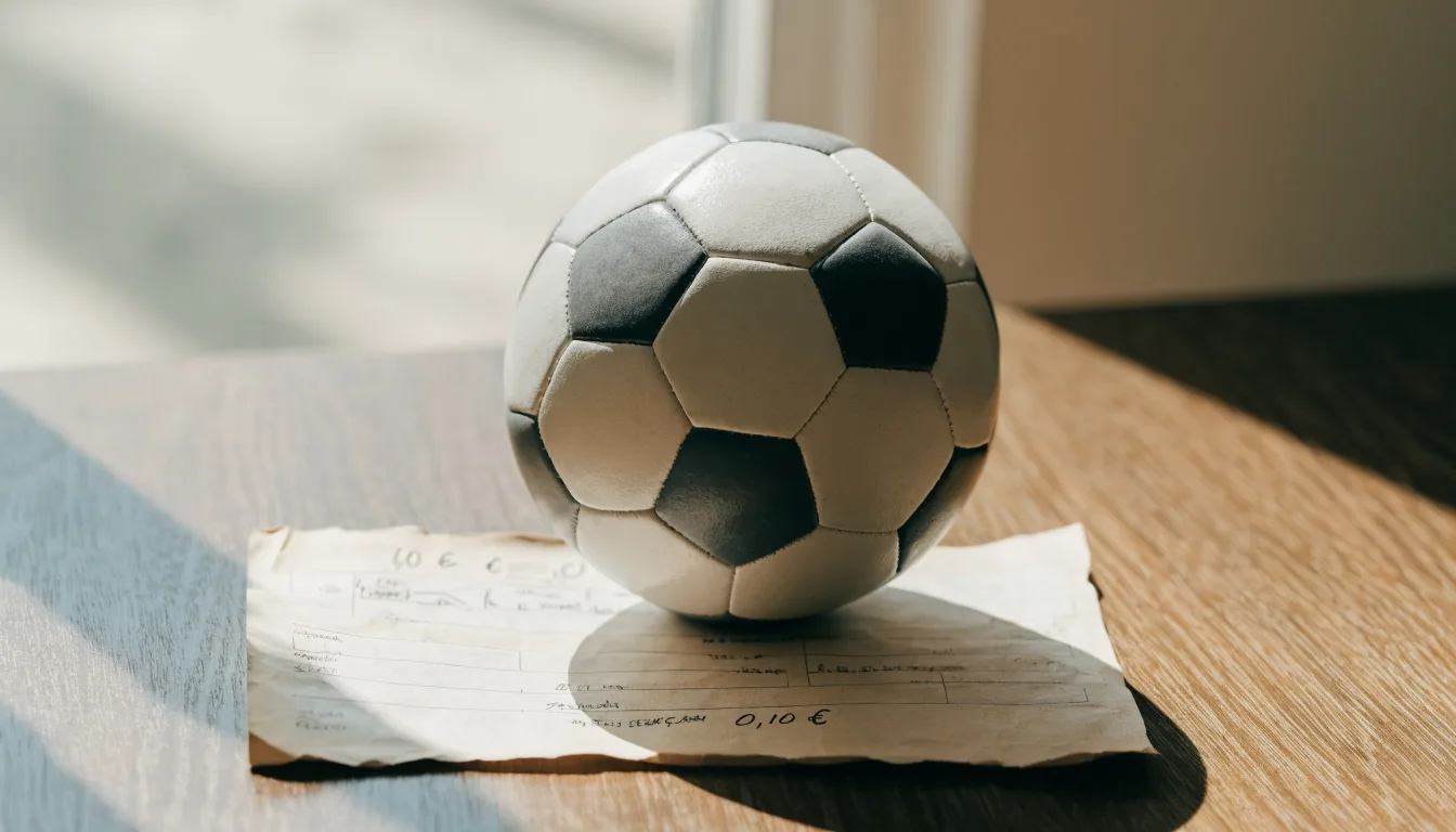 Uma bola de futebol pousada sobre um talão de apostas em branco numa mesa de madeira, à luz do dia