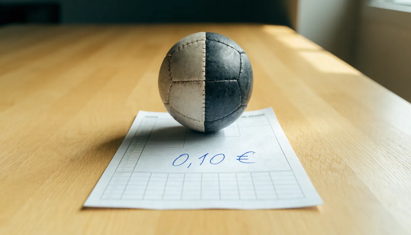 Uma bola de futebol pousada sobre um talão de apostas em branco numa mesa de madeira, à luz do dia