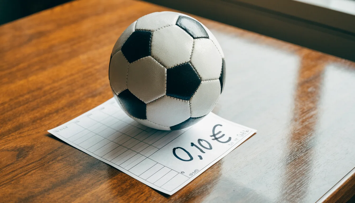 Uma bola de futebol pousada sobre um talão de apostas em branco numa mesa de madeira, à luz do dia