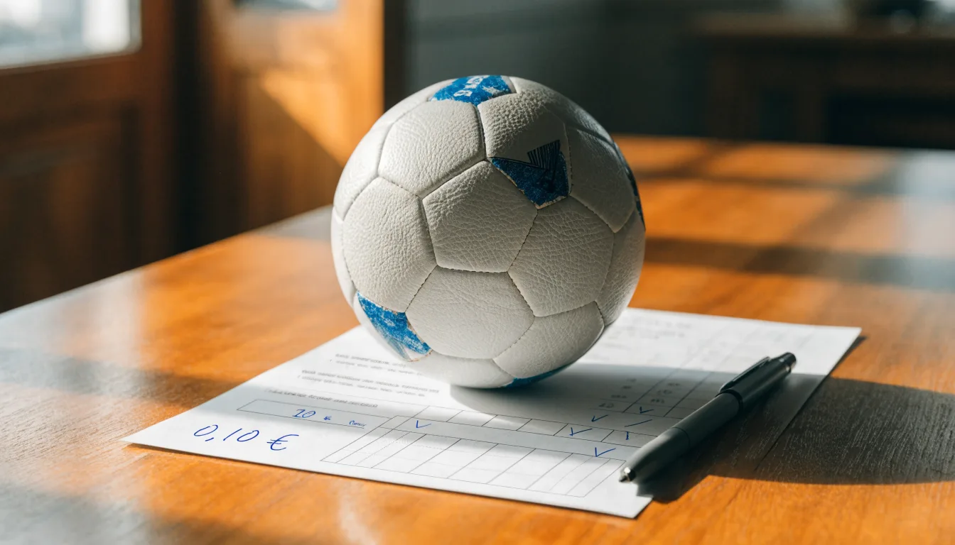 Uma bola de futebol pousada sobre um talão de apostas em branco numa mesa de madeira, à luz do dia