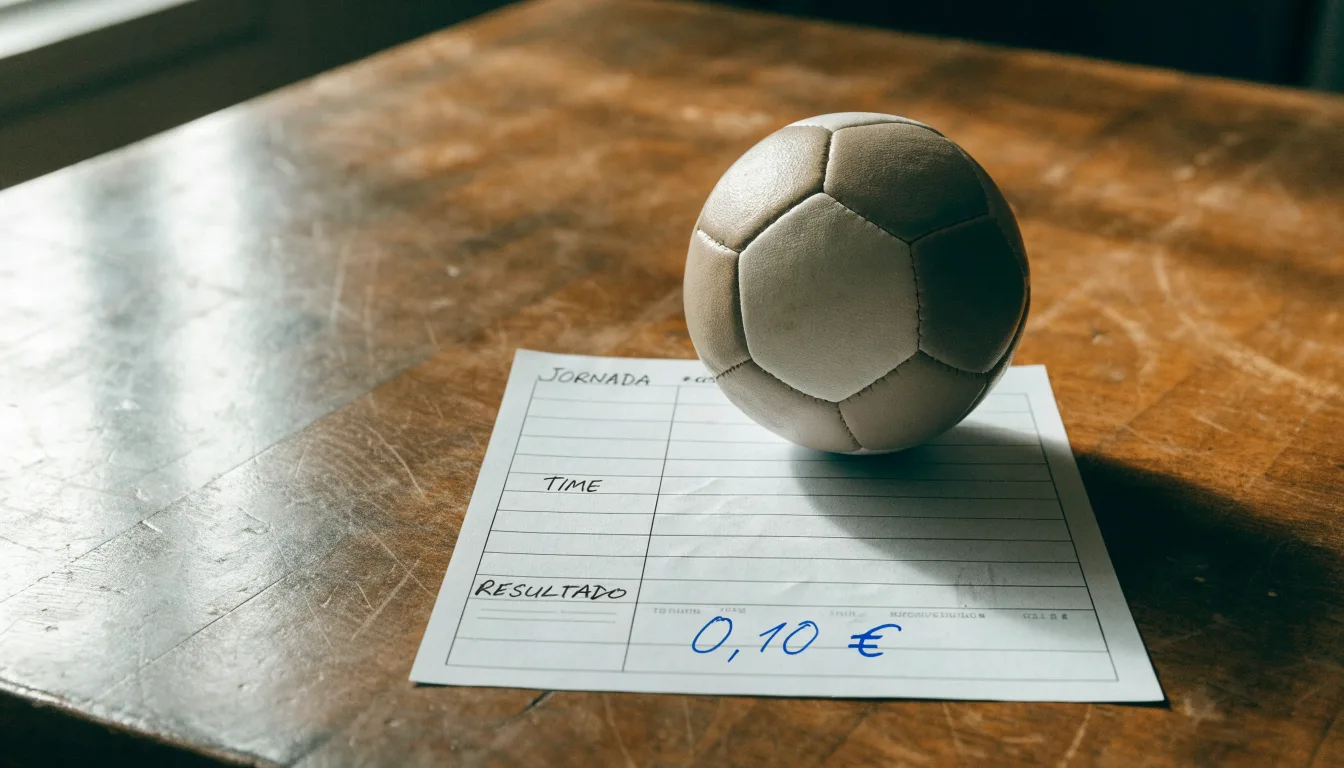 Uma bola de futebol pousada sobre um talão de apostas em branco numa mesa de madeira, à luz do dia