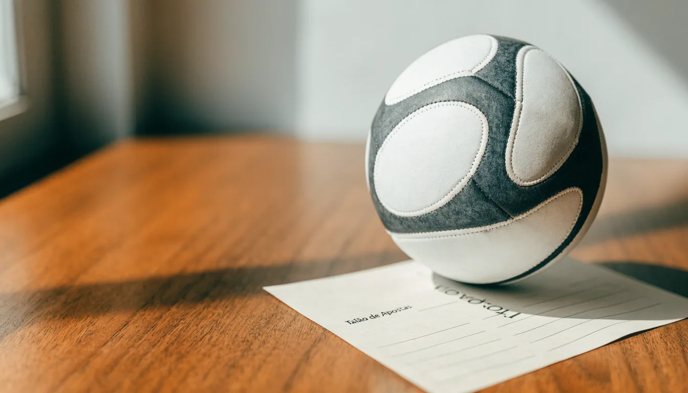Uma bola de futebol pousada sobre um talão de apostas em branco numa mesa de madeira, à luz do dia
