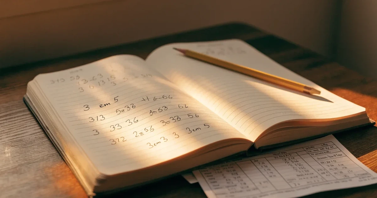 Um caderno aberto com cotas escritas à mão, uma calculadora e um lápis sobre uma mesa de madeira