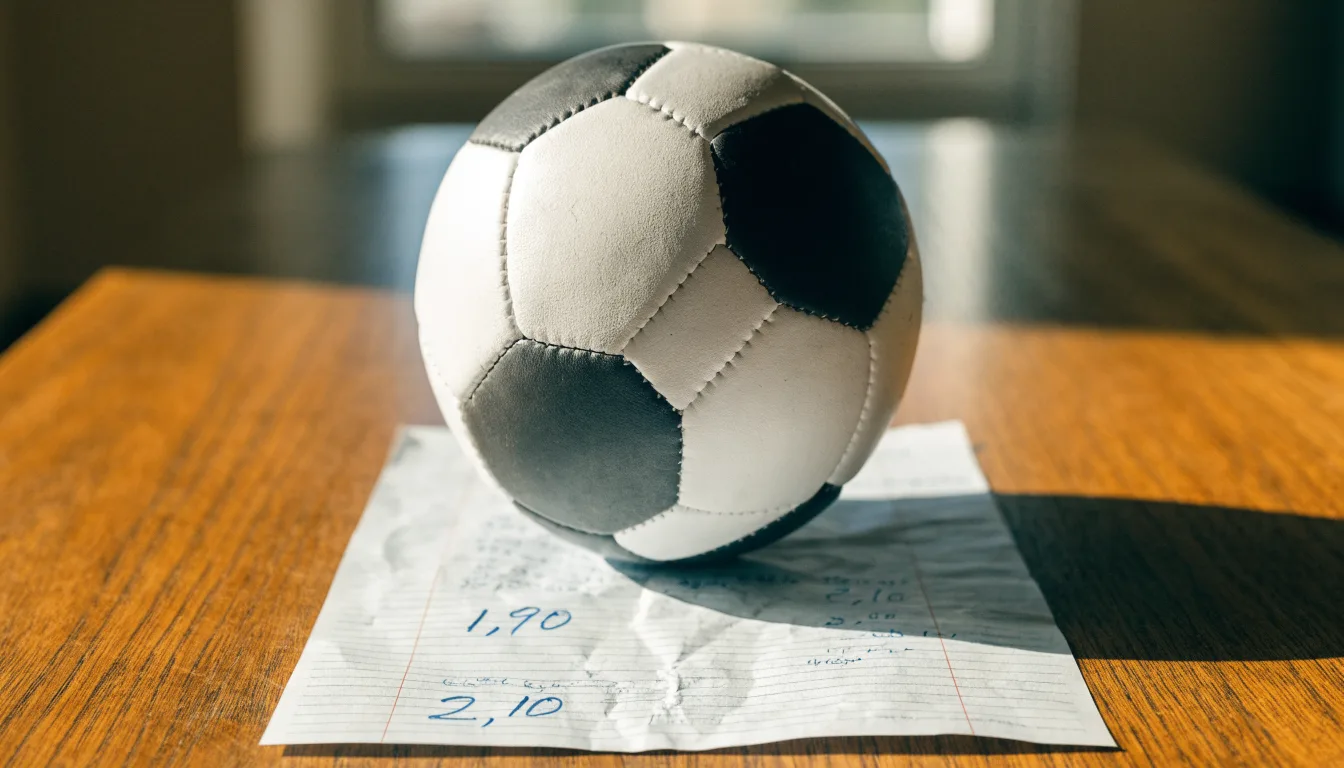 Uma bola de futebol pousada sobre um talão de apostas em branco numa mesa de madeira, à luz do dia