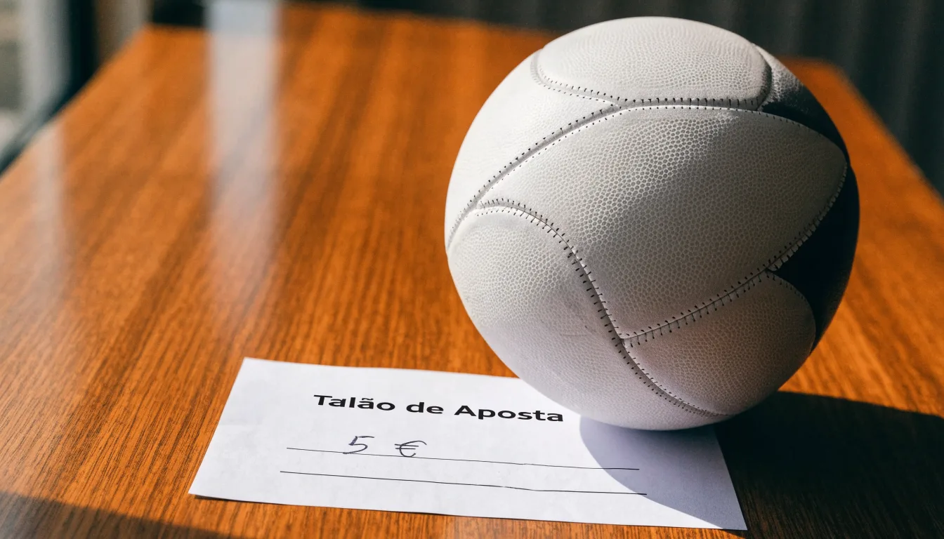 Uma bola de futebol pousada sobre um talão de apostas em branco numa mesa de madeira, à luz do dia