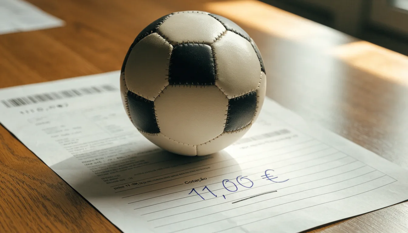Uma bola de futebol pousada sobre um talão de apostas em branco numa mesa de madeira, à luz do dia